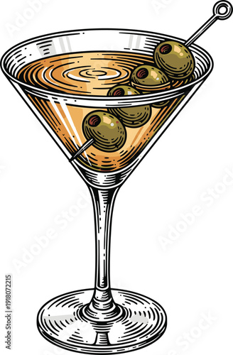 Martini cocktail glass illustration, vintage hand drawn style, olives garnish on pick, classic alcoholic drink artwork, cad drawing flat vector illustration