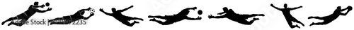 Row of soccer goalkeeper silhouettes jumping and diving to save the ball