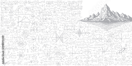 Detailed illustration of a mountain range reflected in calm water with intricate patterns.