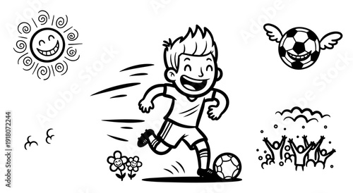 Happy cartoon boy playing soccer with smiling sun and cheering crowd in line art style