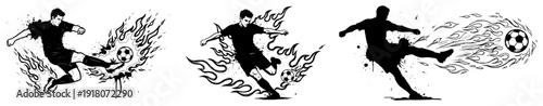 Set of soccer player silhouettes kicking a ball with fiery flame effects in black and white