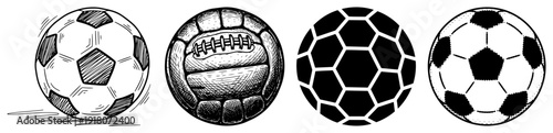 Set of various soccer balls including vintage leather football and modern hand drawn sports icons