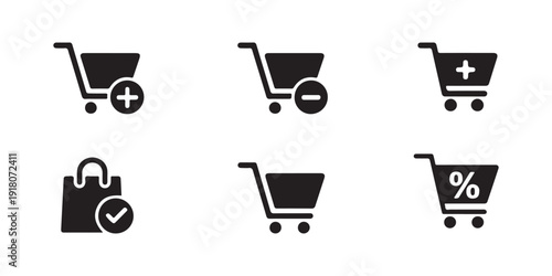 Ecommerce cart icons set with plus minus checkmark and percentage discount badge symbols