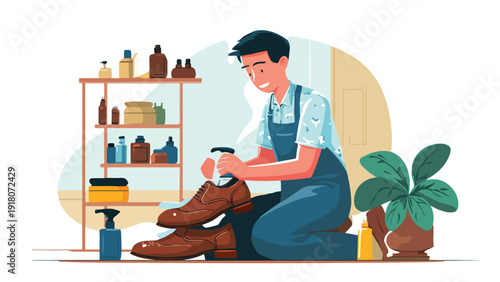 Person in an apron polishing brown leather shoes with a spray bottle