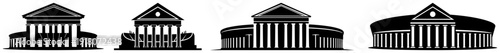 Collection of classical architectural buildings with columns and pediments for museum or university icons