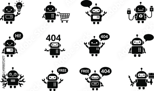 Cute robot icon set featuring artificial intelligence characters for shopping, error 404 pages, creative ideas, customer support, technical assistance, and web services.