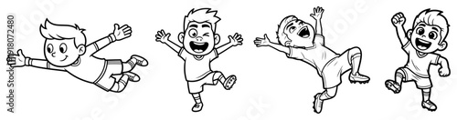 Collection of happy cartoon boy soccer players celebrating and jumping
