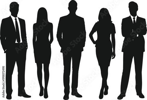 Business team silhouettes, professional men and women standing together, corporate leadership group, teamwork concept, isolated on white background, studio vector