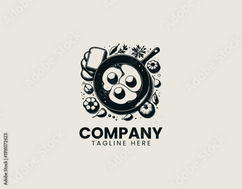 fried egg in a black pan with toast and garlic around it black vector logo illustration white background