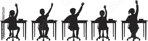 Silhouette of school children raising hands in classroom, education concept, learning teamwork, student participation, back to school illustration