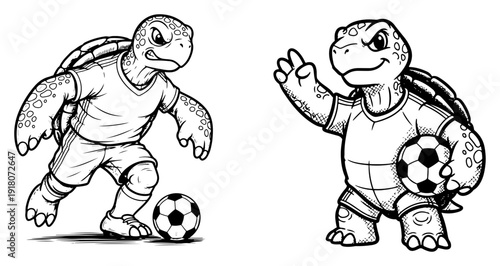 Athletic turtle mascot characters playing soccer in a hand drawn black and white cartoon style