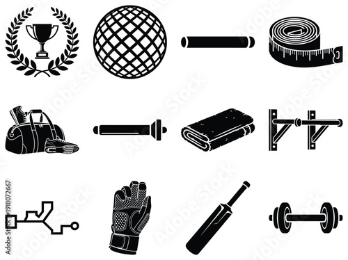 Set of sports equipment and accessories in black and white