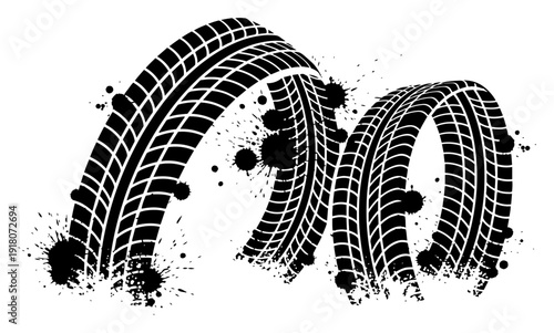 Abstract car tire tread tracks with decorative ink splatters and grunge textures in vector style