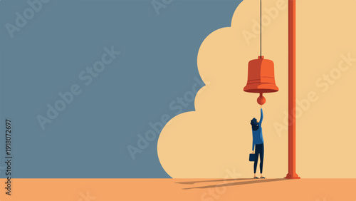 Person with briefcase reaches for a large bell hanging from a pole