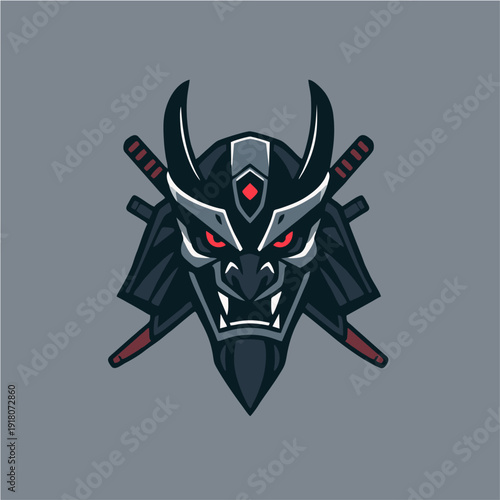 Traditional samurai kabuto helmet logo with fierce mask expression and crossed swords, bold esport mascot emblem in vector style for gaming teams, martial arts brands, and powerful identity concepts
