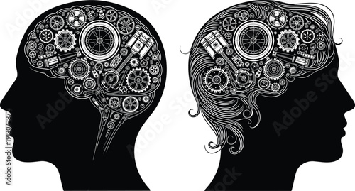 Human head silhouettes with mechanical gears and pistons inside brain representing artificial intelligence, engineering, cognitive process, technical thinking, mental