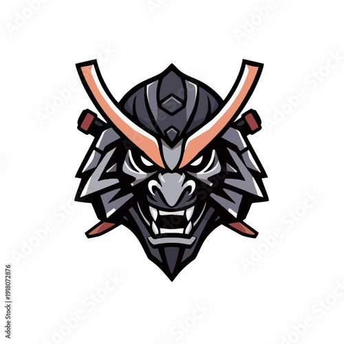 Traditional samurai kabuto helmet logo with fierce mask expression and crossed swords, bold esport mascot emblem in vector style for gaming teams, martial arts brands, and powerful identity concepts
