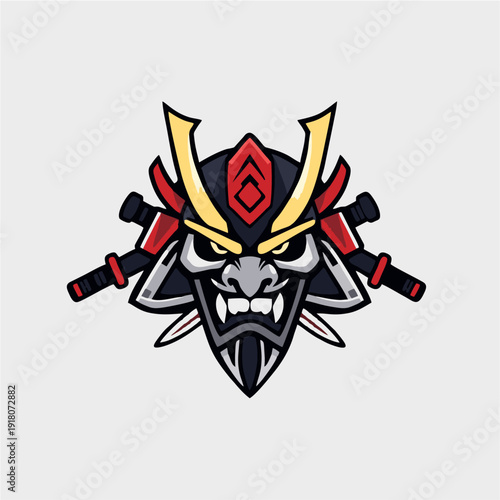 Traditional samurai kabuto helmet logo with fierce mask expression and crossed swords, bold esport mascot emblem in vector style for gaming teams, martial arts brands, and powerful identity concepts
