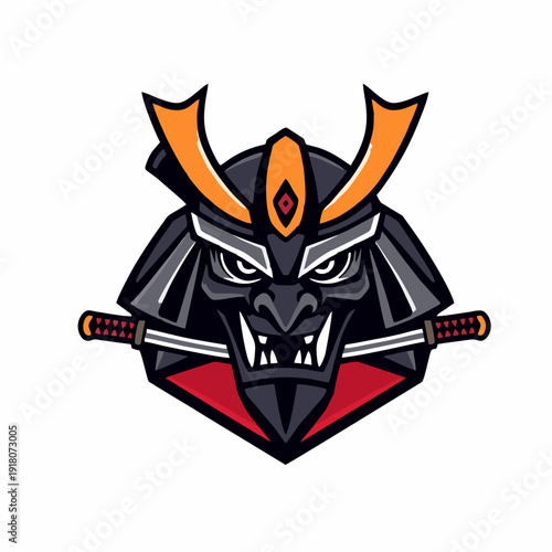 Traditional samurai kabuto helmet logo with fierce mask expression and crossed swords, bold esport mascot emblem in vector style for gaming teams, martial arts brands, and powerful identity concepts
