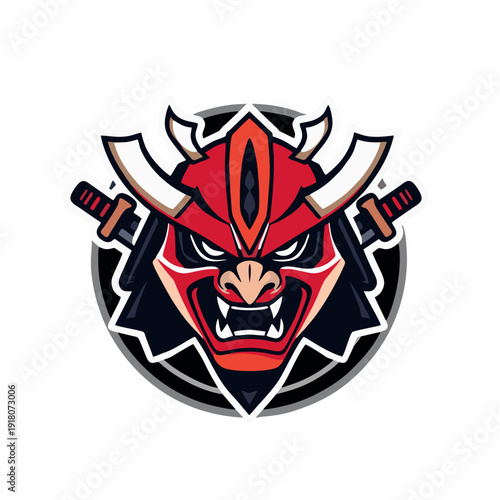 Traditional samurai kabuto helmet logo with fierce mask expression and crossed swords, bold esport mascot emblem in vector style for gaming teams, martial arts brands, and powerful identity concepts
