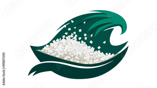 A stylized illustration features a bowl of coarse crystals within green wave-like shapes
