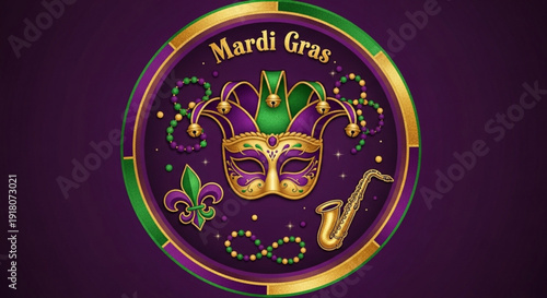 Mardi gras mask and saxophone in purple green and gold circle on dark background for carnival celebrations