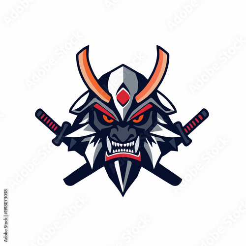 Traditional samurai kabuto helmet logo with fierce mask expression and crossed swords, bold esport mascot emblem in vector style for gaming teams, martial arts brands, and powerful identity concepts
