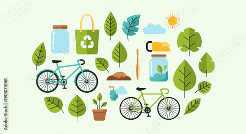 Eco-friendly lifestyle illustration featuring bicycles, reusable bags, and sustainable practices surrounded by lush green leaves