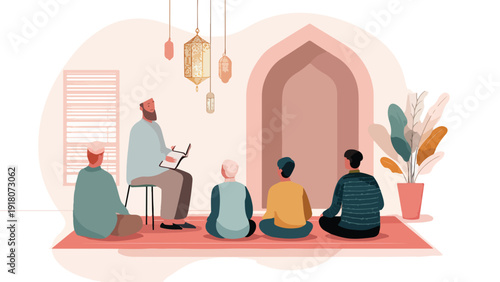 Religious gathering with a scholar teaching seated students in a serene room