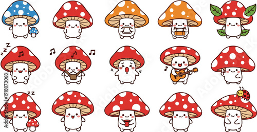Cute Kawaii Mushroom Character Vector Set with Funny Toadstool Emotions, Music, Sleeping and Cartoon Forest Mascots Collection