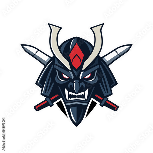 Traditional samurai kabuto helmet logo with fierce mask expression and crossed swords, bold esport mascot emblem in vector style for gaming teams, martial arts brands, and powerful identity concepts
