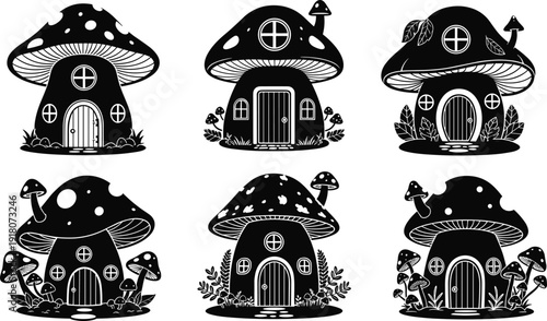Fairy Tale Mushroom House Silhouette Vector Set with Enchanted Forest Toadstool Homes and Fantasy Cottage Illustrations