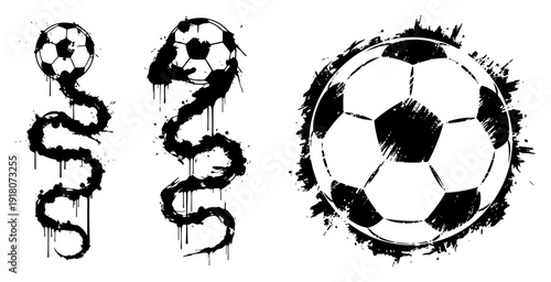 Artistic soccer ball illustrations featuring dripping ink trails and circular splatter effects