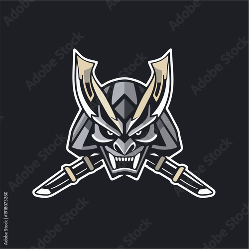 Traditional samurai kabuto helmet logo with fierce mask expression and crossed swords, bold esport mascot emblem in vector style for gaming teams, martial arts brands, and powerful identity concepts
