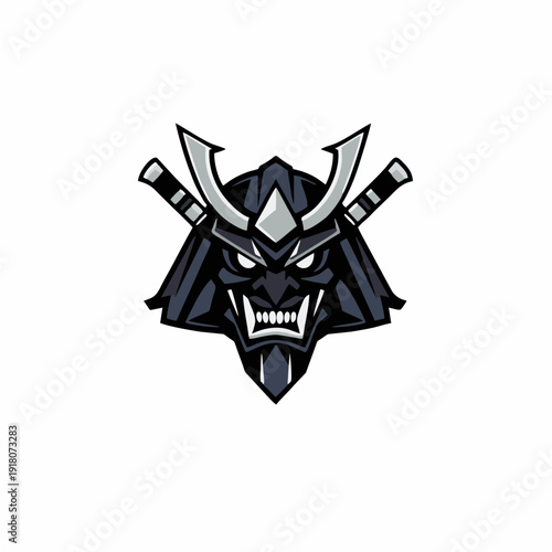 Traditional samurai kabuto helmet logo with fierce mask expression and crossed swords, bold esport mascot emblem in vector style for gaming teams, martial arts brands, and powerful identity concepts
