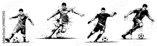 Set of black and white sketchy illustrations featuring soccer players in action with a ball
