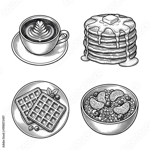 Breakfast food collection featuring hand drawn engravings of coffee latte pancakes waffles and oatmeal bowl