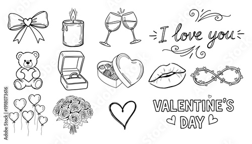 Collection of hand drawn Valentines Day elements with hearts flowers and romantic love symbols