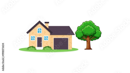 Modern Suburban House with Garage and Green Tree Illustration