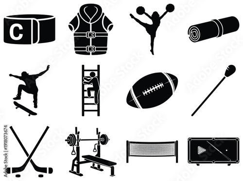 Various Sports and Fitness Equipment and Activities in Black and White