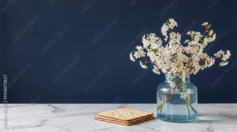 custom made wallpaper toronto digitalStack of matzah and spring flowers in vase on marble table. Jewish holiday Passover background with copy space.