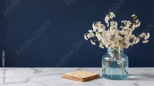 Wallpaper Mural Stack of matzah and spring flowers in vase on marble table. Jewish holiday Passover background with copy space. Torontodigital.ca