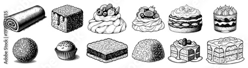 Detailed engraving style illustrations of gourmet cakes and bakery desserts in vintage style