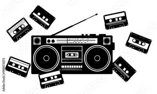 Vintage boombox radio surrounded by cassette tapes in flat black silhouette style