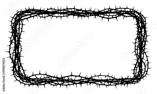 Rectangular frame border made from tangled crown of thorns branches in black ink style