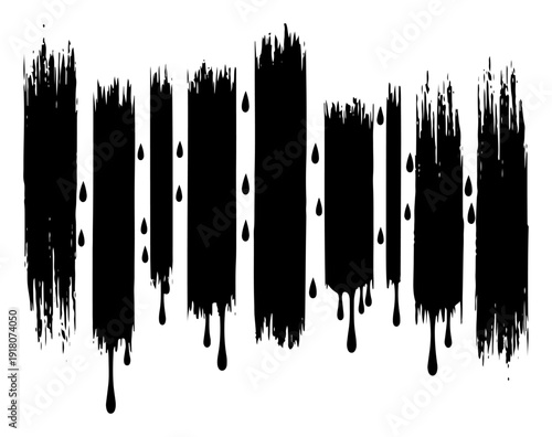 Abstract black brush strokes and vertical paint drips on white background for artistic design