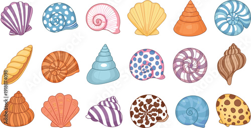 Colorful Seashell Cartoon Vector Set with Spiral, Scallop, Conch and Nautilus Shells for Beach, Summer and Nautical Designs