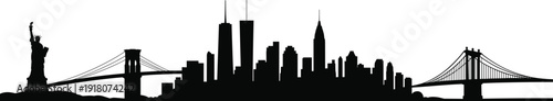 New York City skyline silhouette, with Statue of Liberty bridges, Manhattan urban panorama vector illustration, black white cityscape landmark design