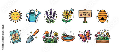 Collection of colorful bee-friendly gardening icons including a beehive, flowers, watering can, butterfly, and sun in a cute, hand-drawn doodle style for nature conservation concepts