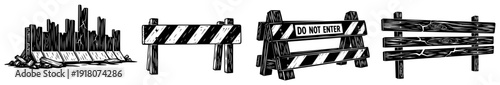 Collection of wooden barriers and fences with road block and do not enter sign in sketch style